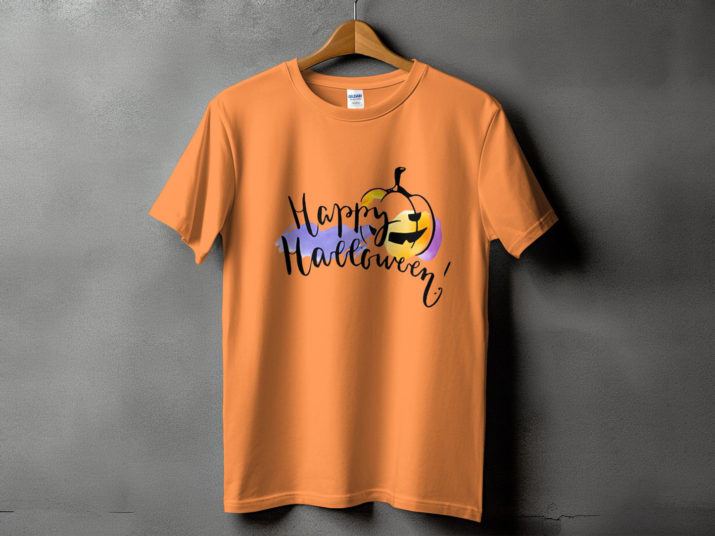 Orange t-shirt with "Happy Halloween" text and a jack-o'-lantern graphic.