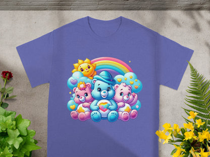 Three Care Bears with rainbow and sun graphic on a purple t-shirt.