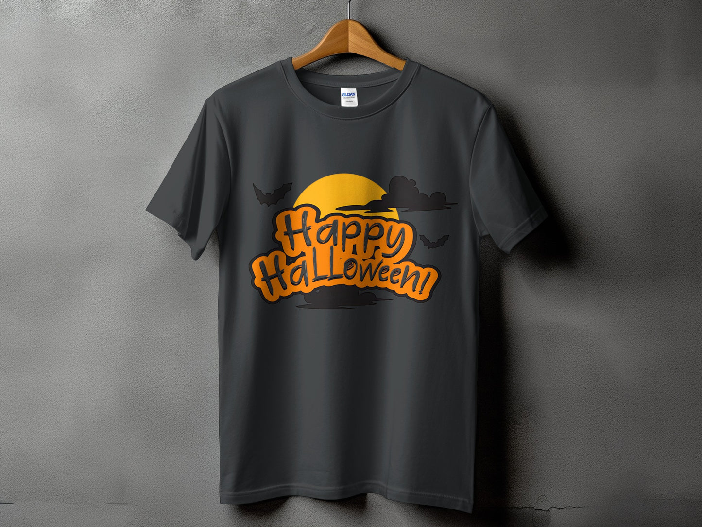 Dark gray t-shirt with orange "Happy Halloween!" text and Halloween graphic.