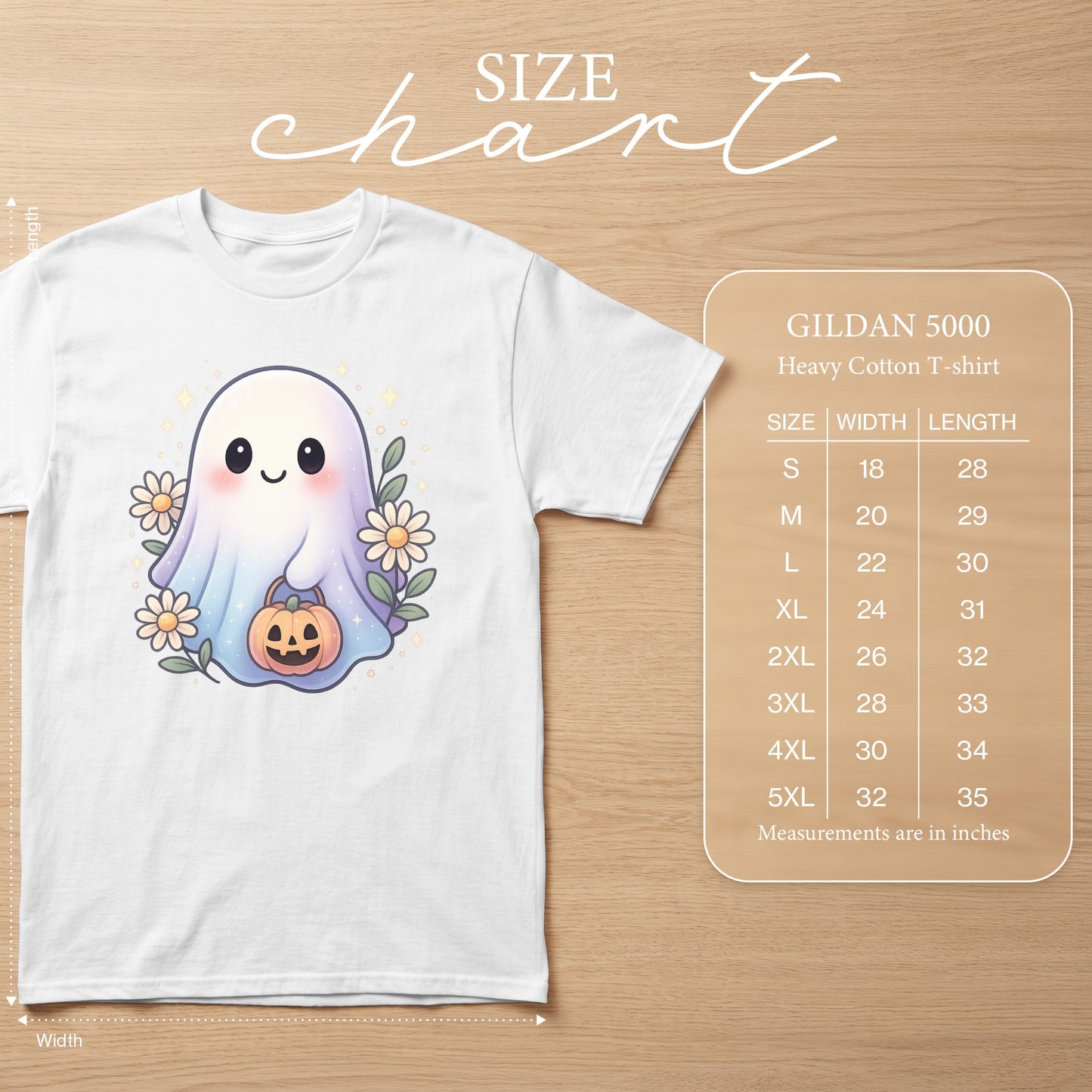 White Gildan 5000 Heavy Cotton T-shirt with a cute ghost graphic and size chart.