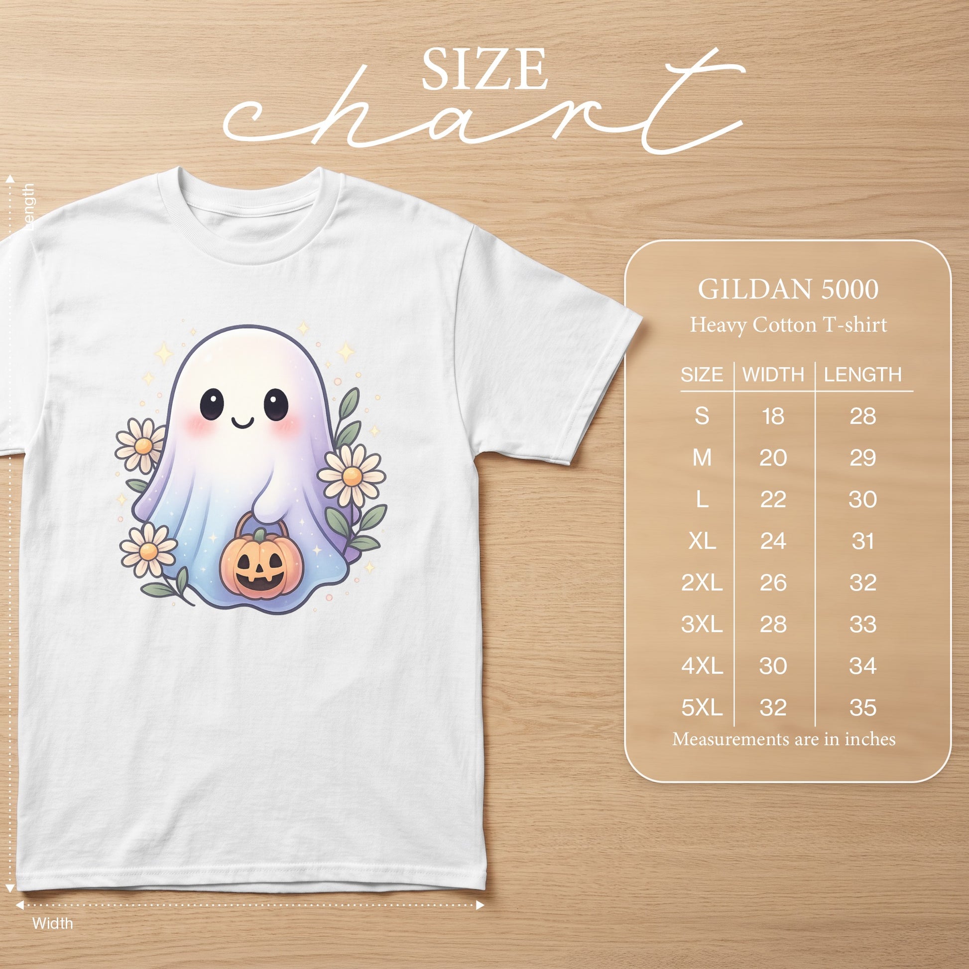 White Gildan 5000 Heavy Cotton T-shirt with a cute ghost graphic and size chart.