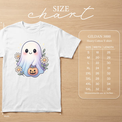 White Gildan 5000 Heavy Cotton T-shirt with a cute ghost graphic and size chart.