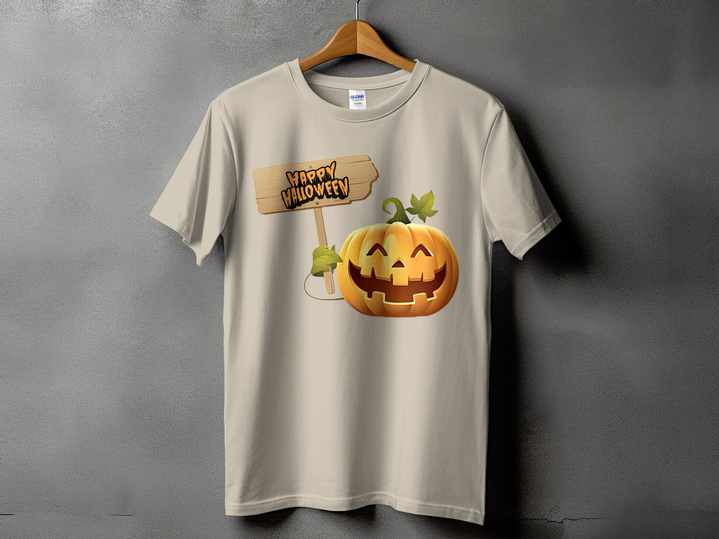 Light tan t-shirt with a cartoon pumpkin holding a "Happy Halloween" sign.