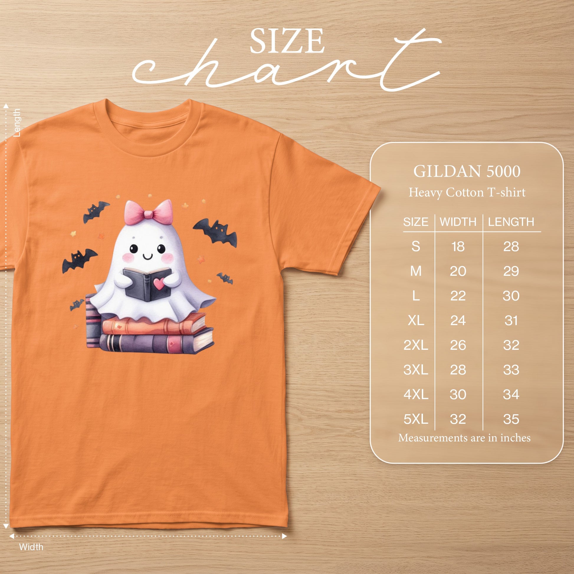Orange Gildan 5000 t-shirt with a cute ghost reading books and bats design.