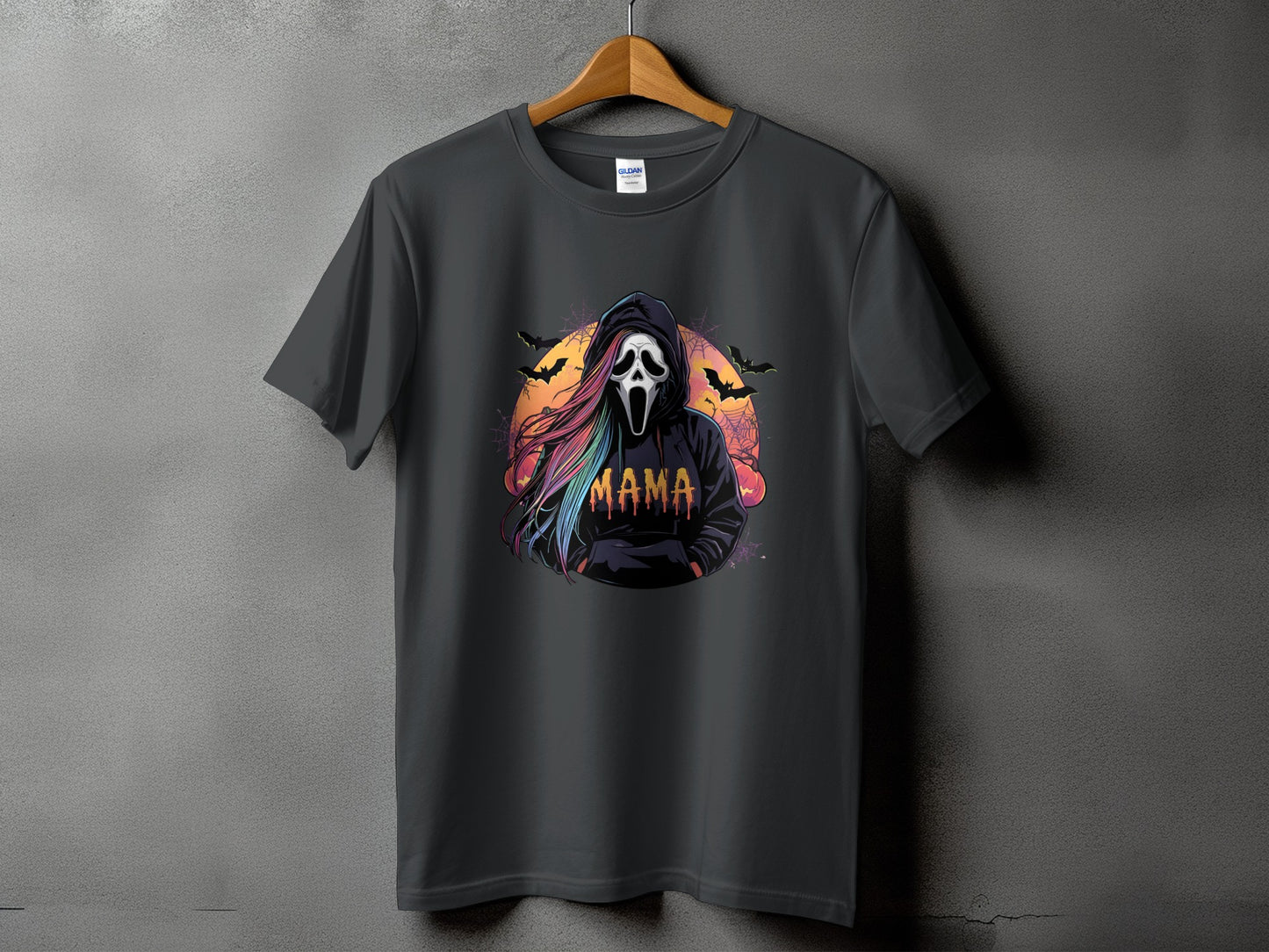 Dark grey t-shirt with Ghostface mask, rainbow hair, bats, and "Mama" text.