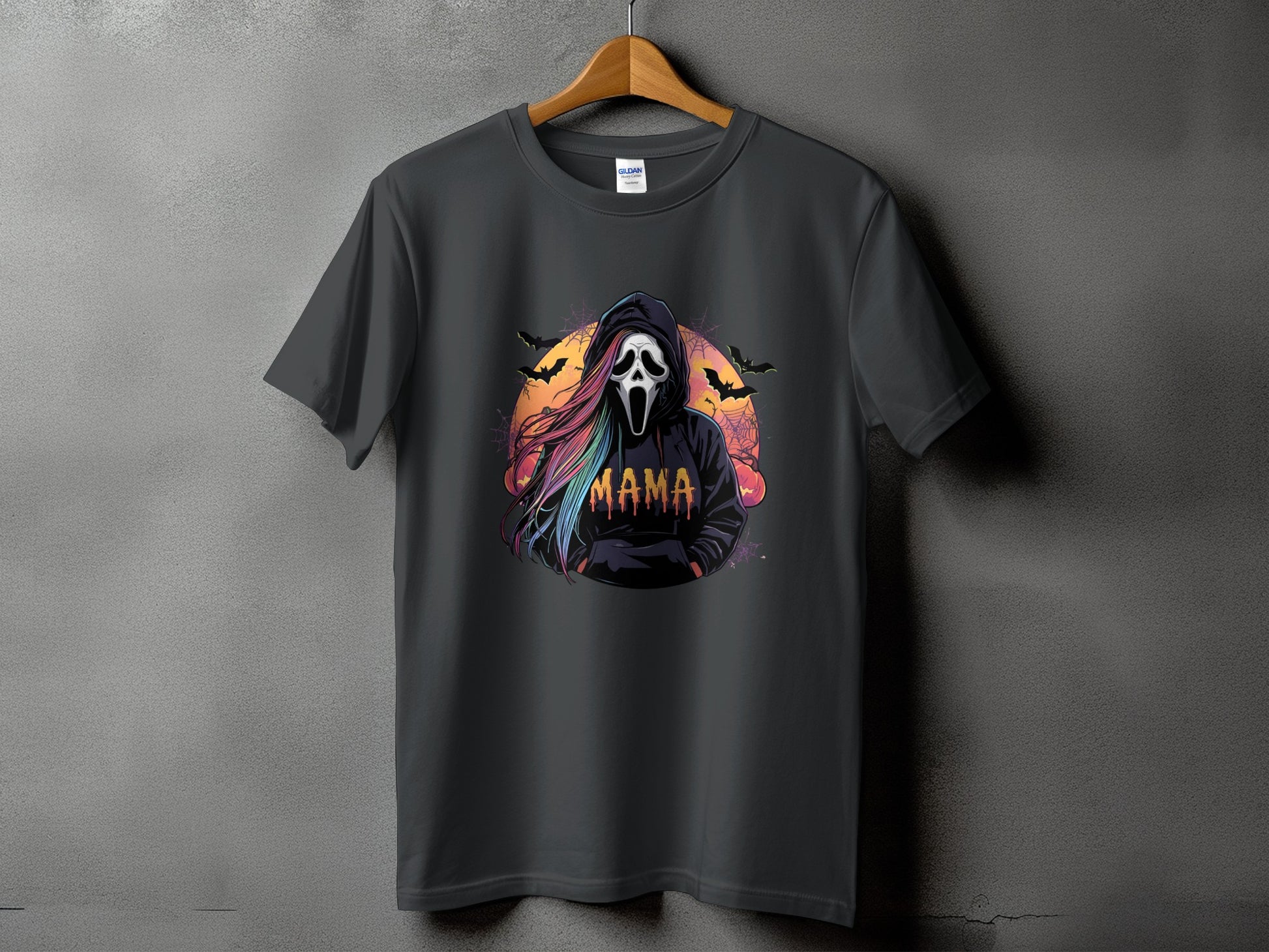 Dark grey t-shirt with Ghostface mask, rainbow hair, bats, and "Mama" text.