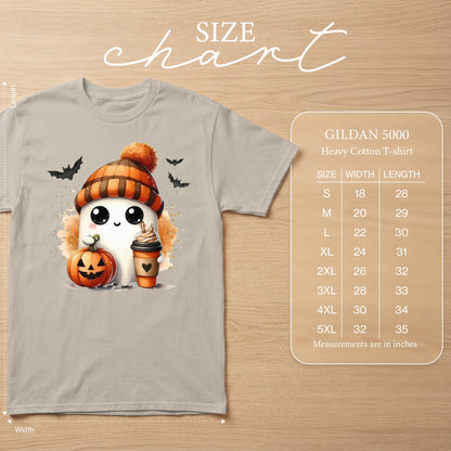 Light grey Gildan 5000 t-shirt with ghost, pumpkin, and coffee cup graphic and size chart.