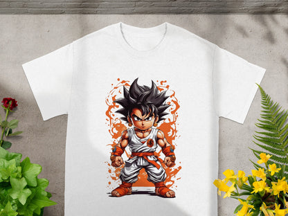 White t-shirt featuring chibi Goku artwork from Dragon Ball Z.
