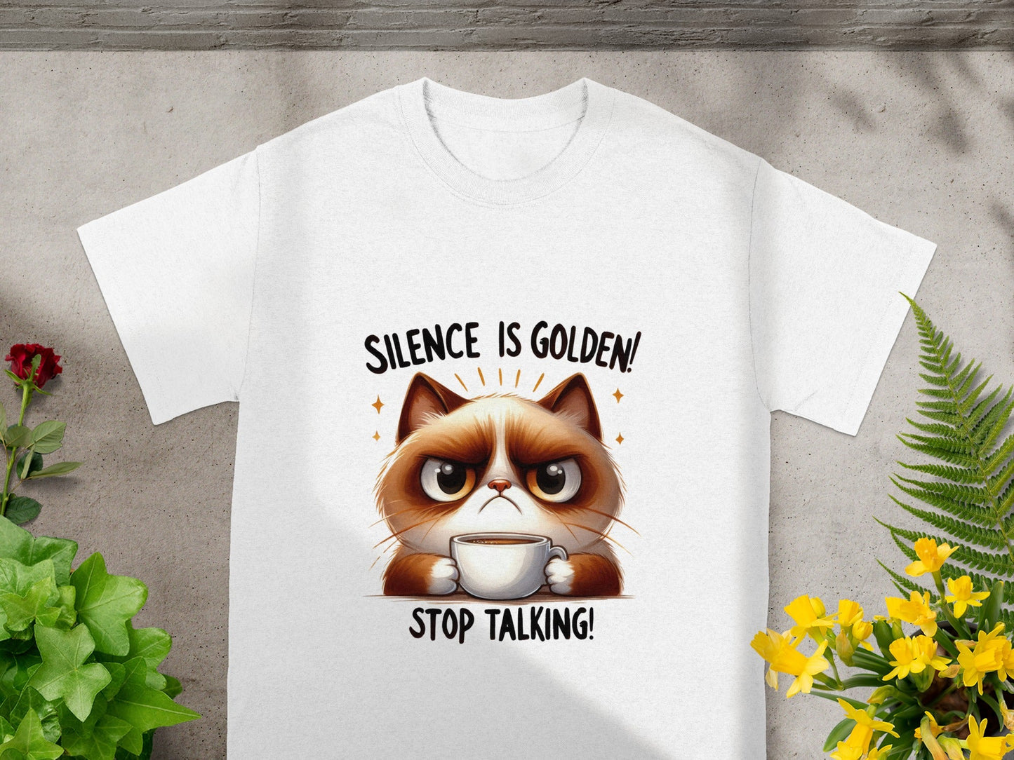 Silence is Golden Stop Talking Cat Graphic T-Shirt