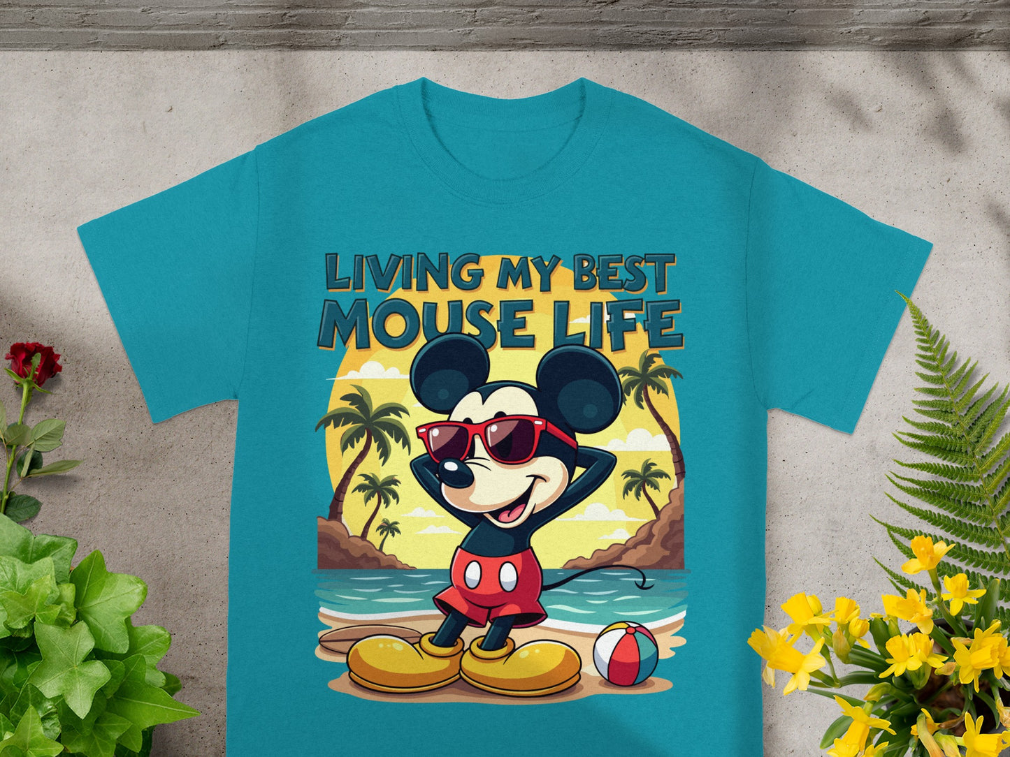 Mickey Mouse in sunglasses on a beach with "Living My Best Mouse Life" text.