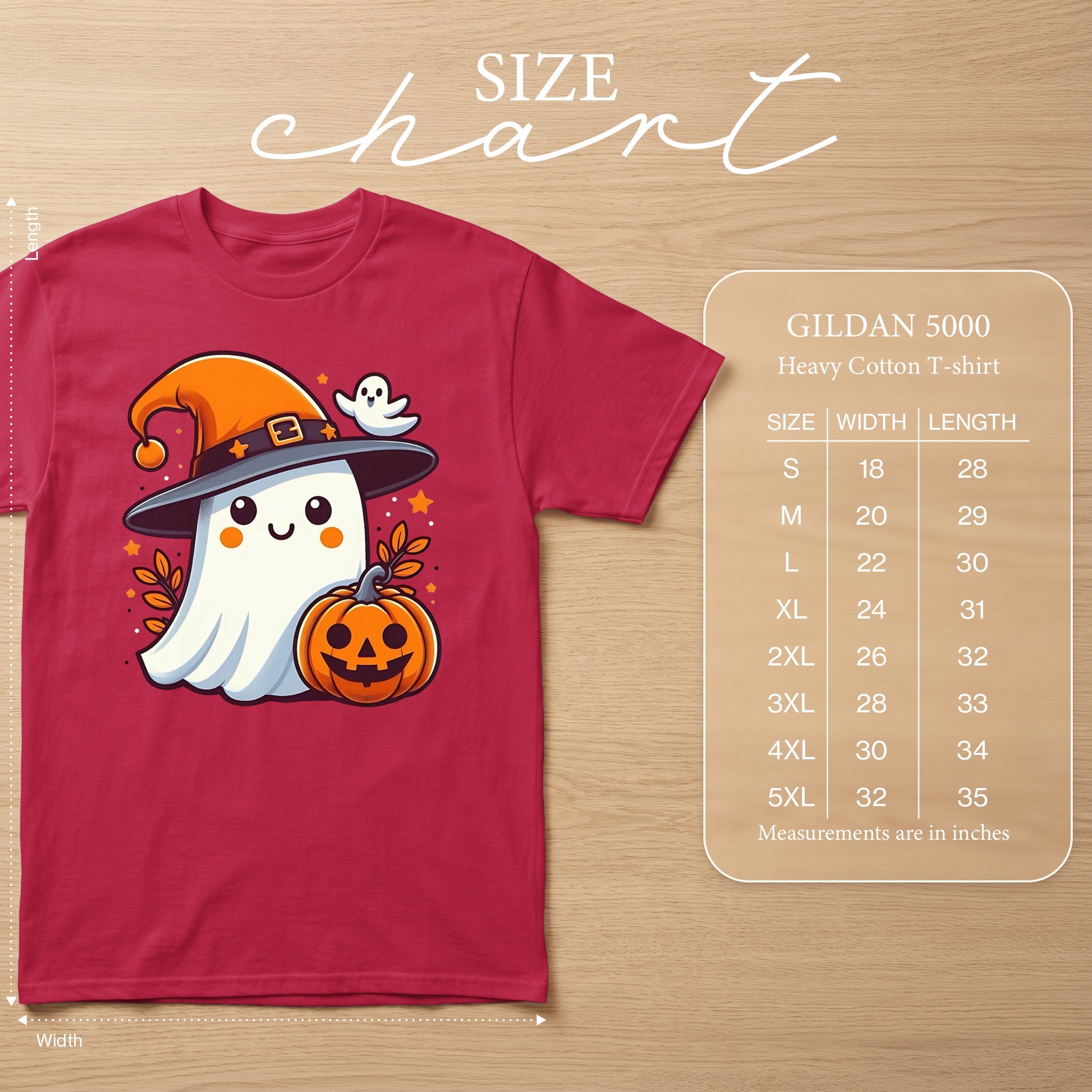 Red t-shirt with a cute ghost and pumpkin design, with size chart.