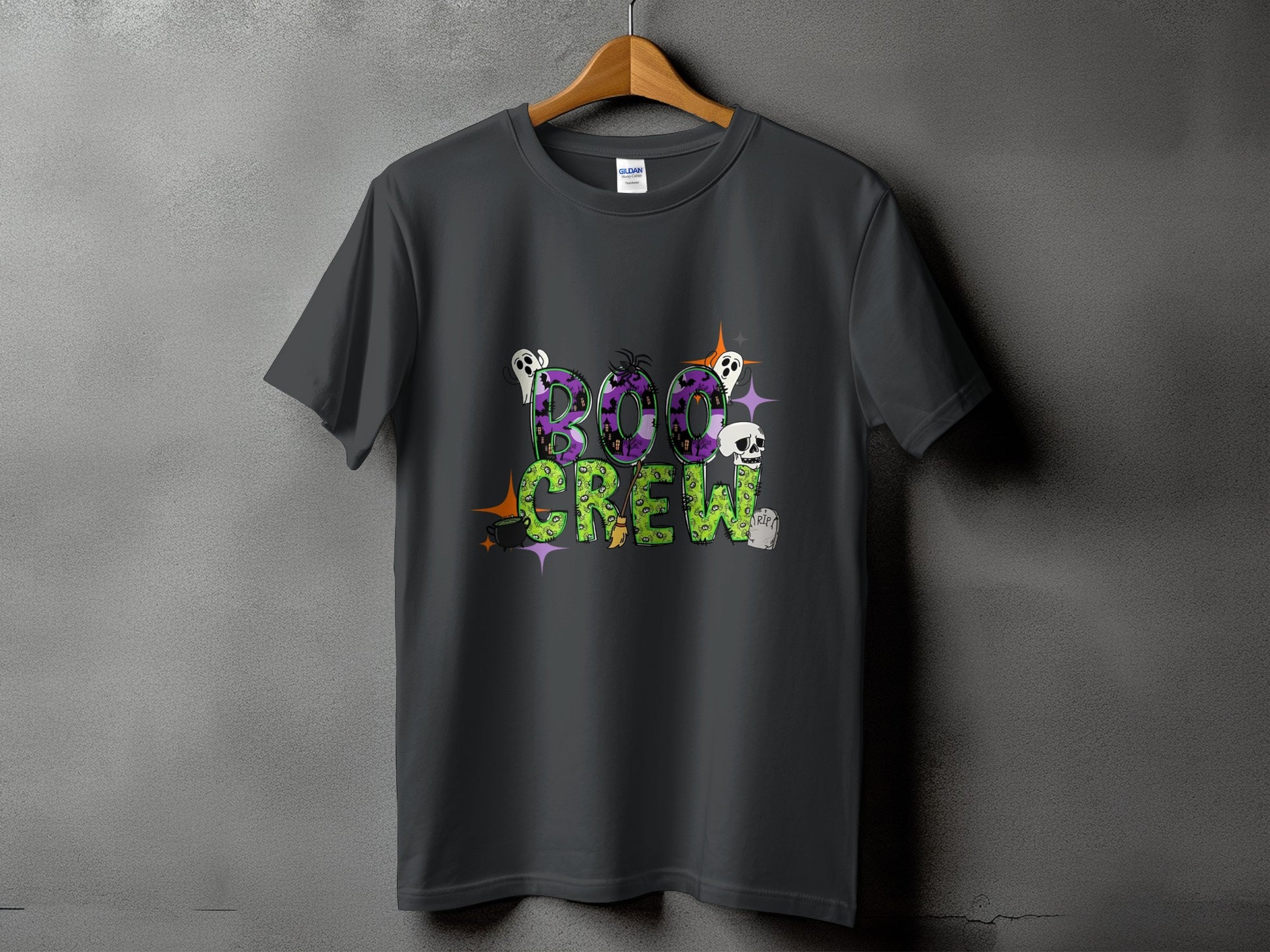 Dark grey t-shirt with "Boo Crew" Halloween graphic featuring ghosts and skulls.
