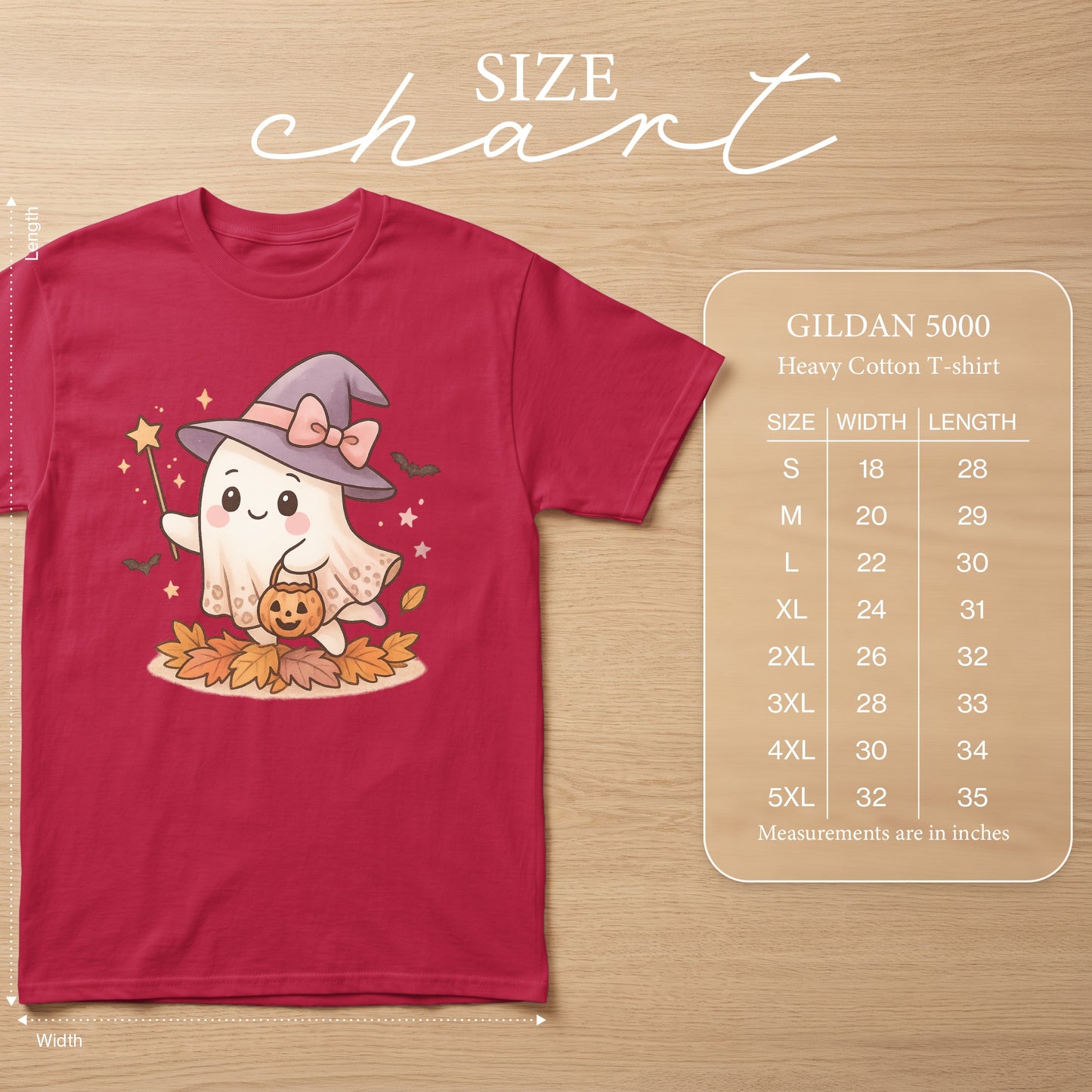Red t-shirt with cartoon ghost wearing witch hat, holding pumpkin, with size chart.