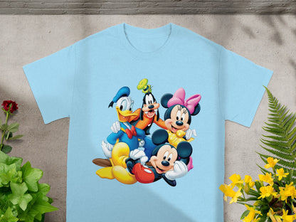 Light blue t-shirt with Mickey, Minnie, Donald, and Goofy characters.