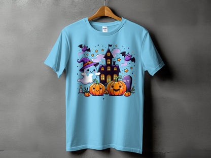 Light blue t-shirt with Halloween ghost, pumpkins, bats, and haunted house graphic.
