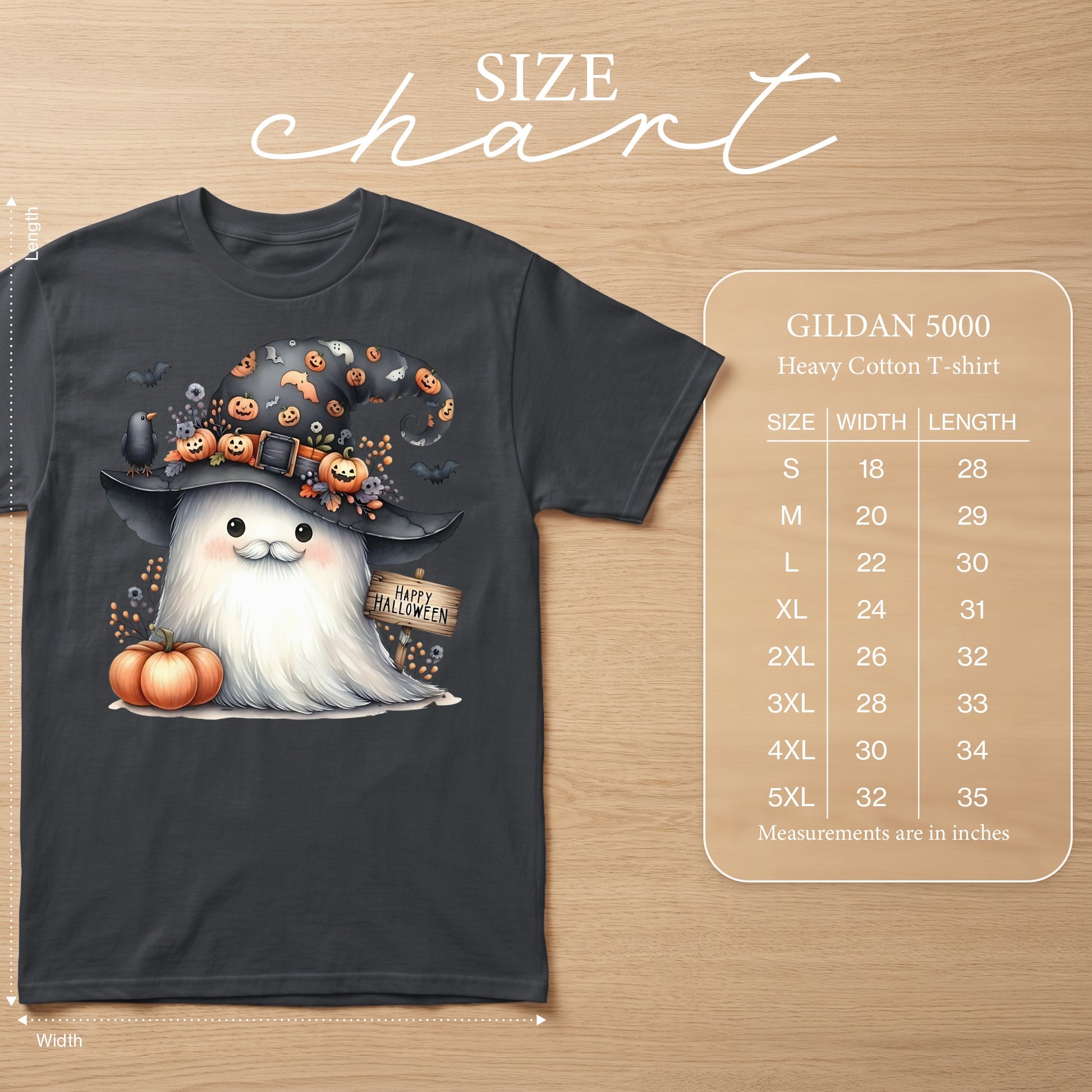 Dark gray Gildan 5000 t-shirt with a cute ghost wearing a witch hat and holding a pumpkin sign.