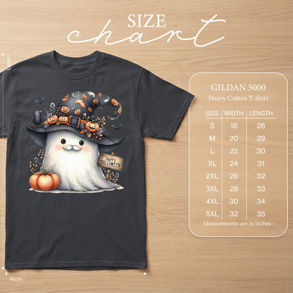 Dark gray Gildan 5000 t-shirt with a cute ghost wearing a witch hat and holding a pumpkin sign.