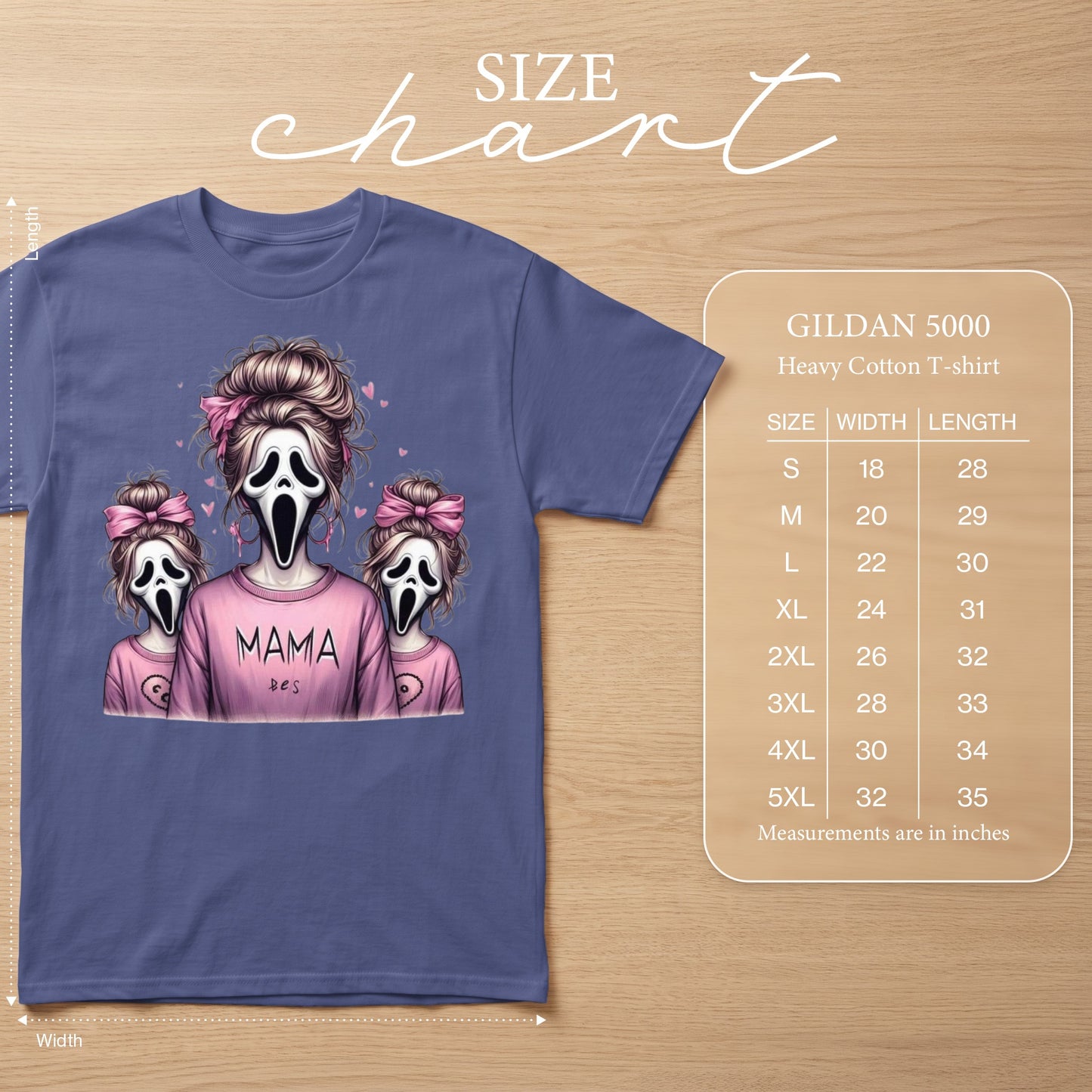 Gildan 5000 size chart with Ghostface graphic and "MAMA" text.