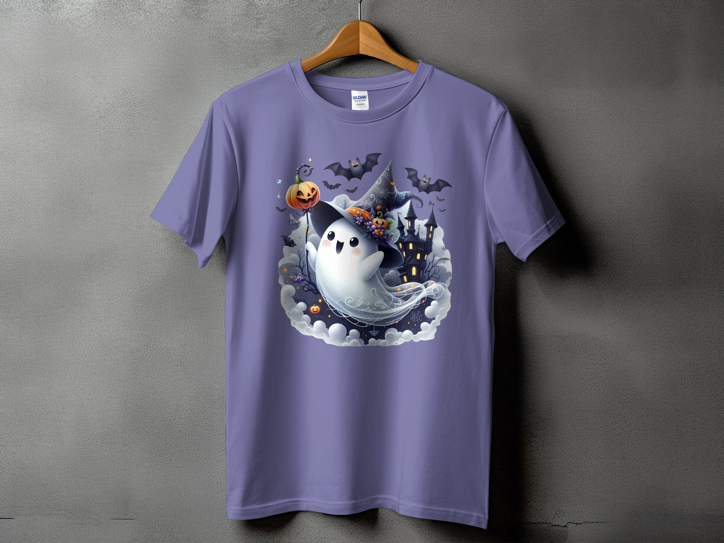 Purple t-shirt with a cute ghost wearing a witch hat holding a pumpkin lollipop.