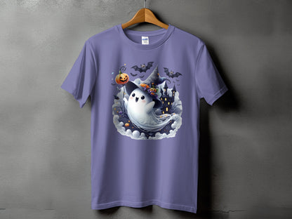 Purple t-shirt with a cute ghost wearing a witch hat holding a pumpkin lollipop.