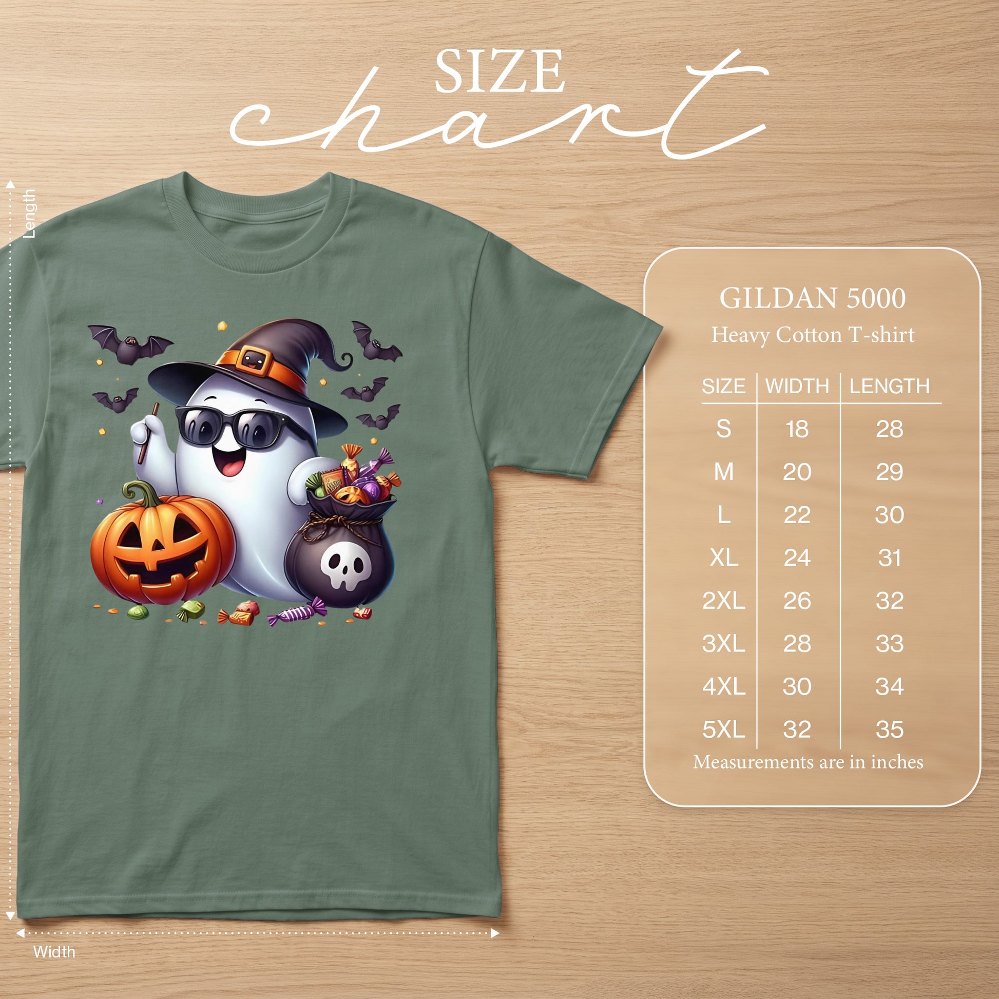 Gildan 5000 Heavy Cotton T-shirt size chart with measurements in inches.
