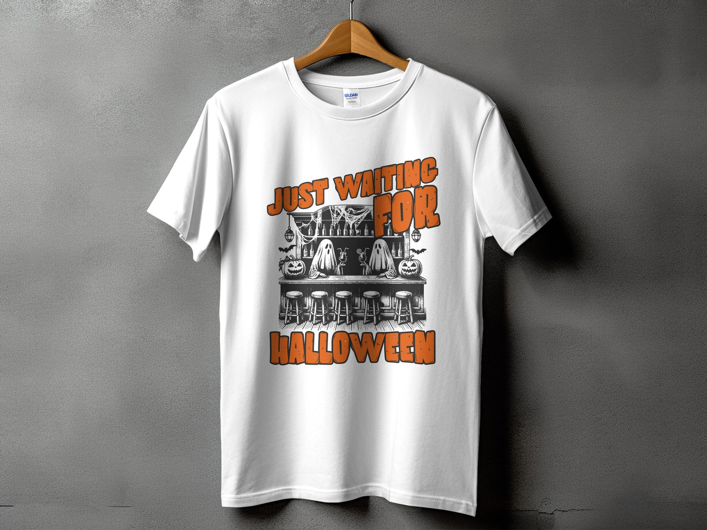 White t-shirt with "Just Waiting For Halloween" text and Halloween bar scene graphic.