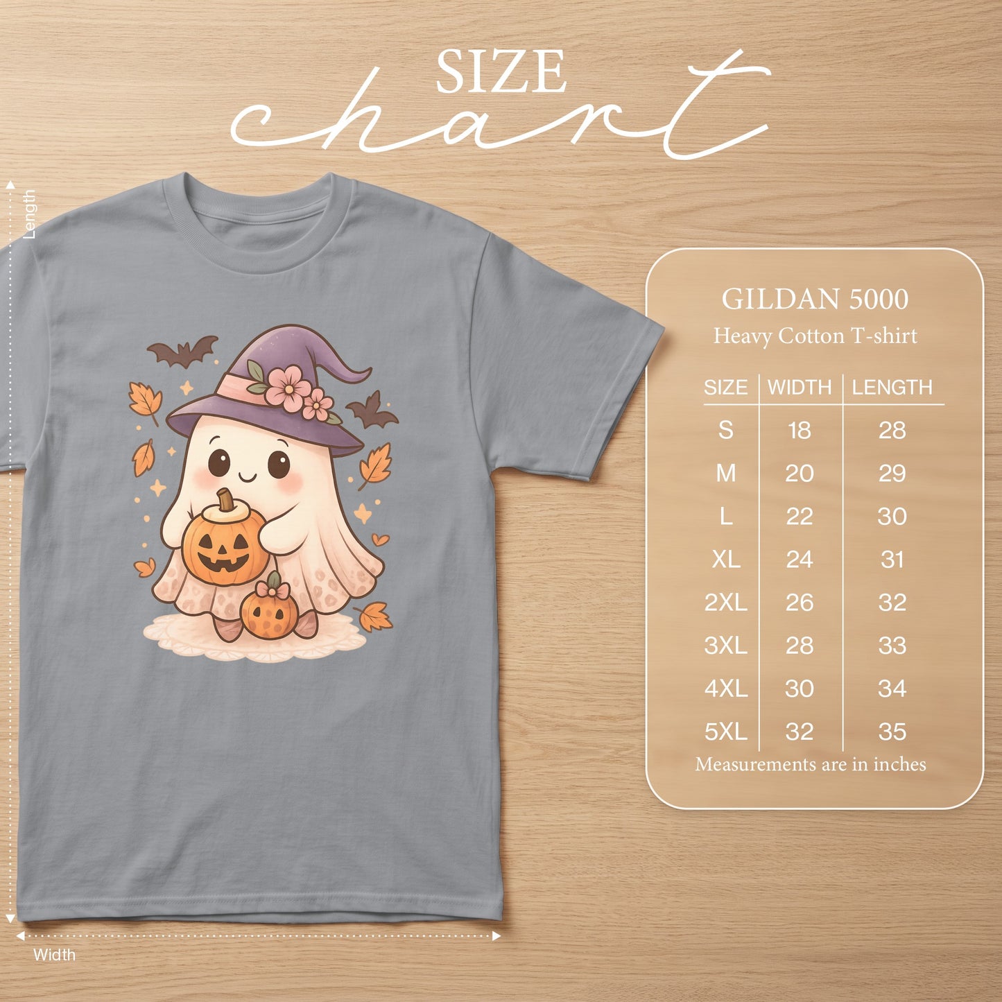 Gray t-shirt with ghost and pumpkin Halloween graphic, Gildan 5000 size chart.