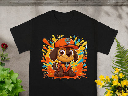 Chase from Paw Patrol on a black t-shirt with colorful paint splatters.