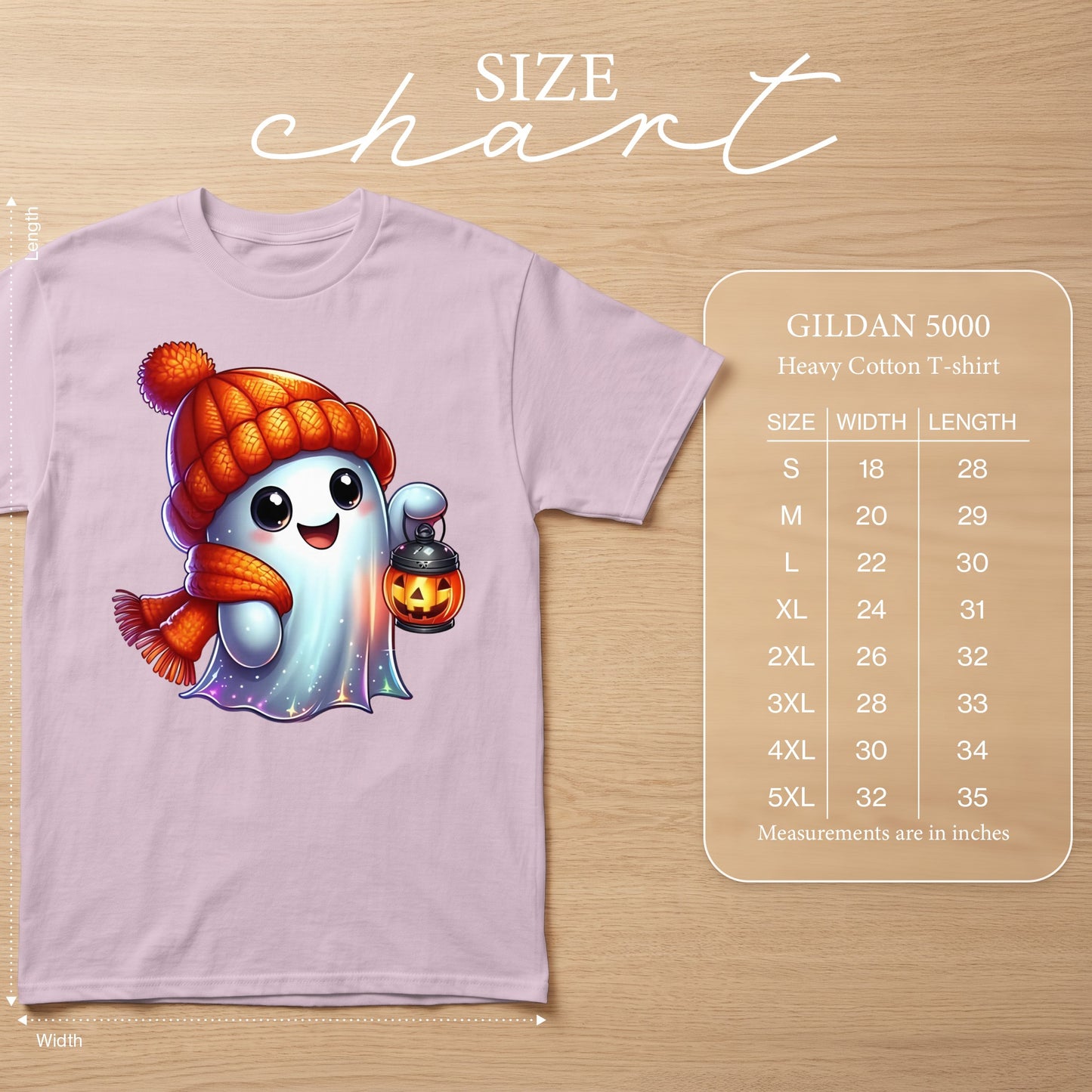 GILDAN 5000 Heavy Cotton T-shirt size chart with ghost graphic.