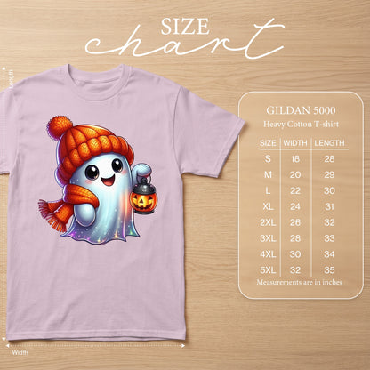GILDAN 5000 Heavy Cotton T-shirt size chart with ghost graphic.