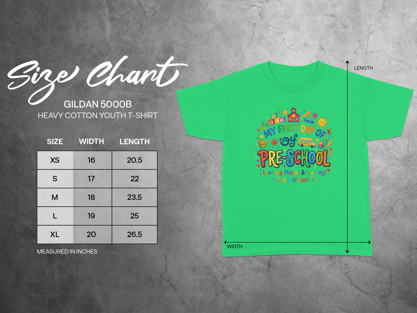 Gildan 5000B youth t-shirt size chart with width and length measurements.