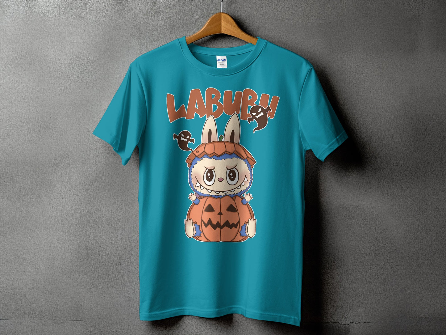Teal t-shirt with "LABURRH!" text and a pumpkin-themed creature with ghosts.