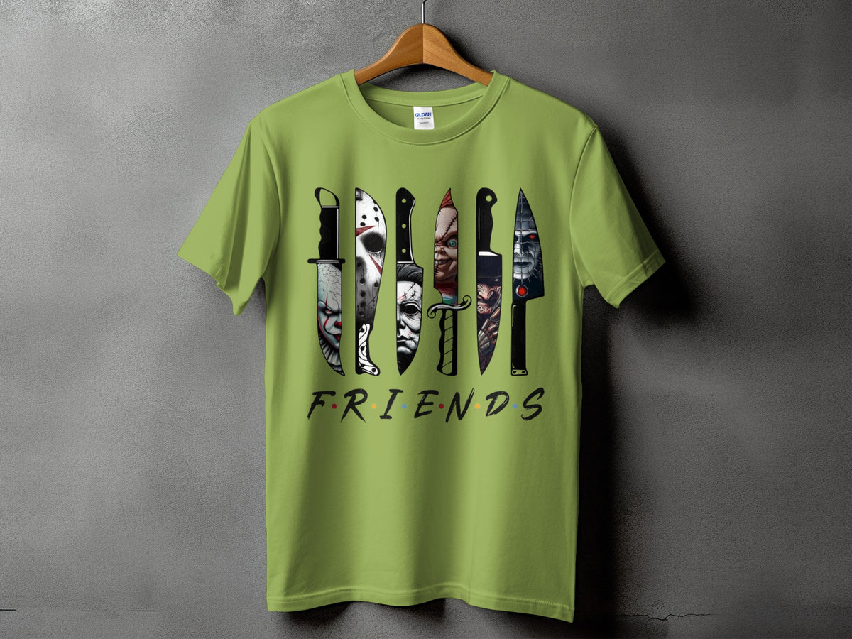 Green t-shirt with knives from horror movies above "FRIENDS" logo.