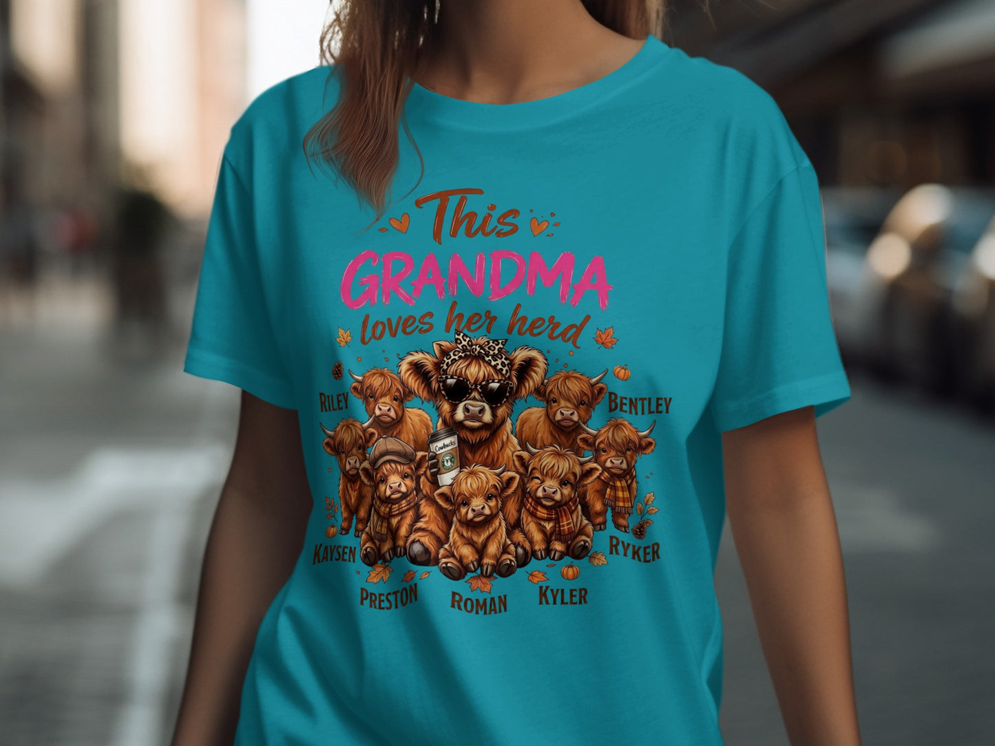 This Grandma loves her herd with cartoon cows, names Riley, Bentley, Kaysen, Preston, Roman, Kyler, Ryker.