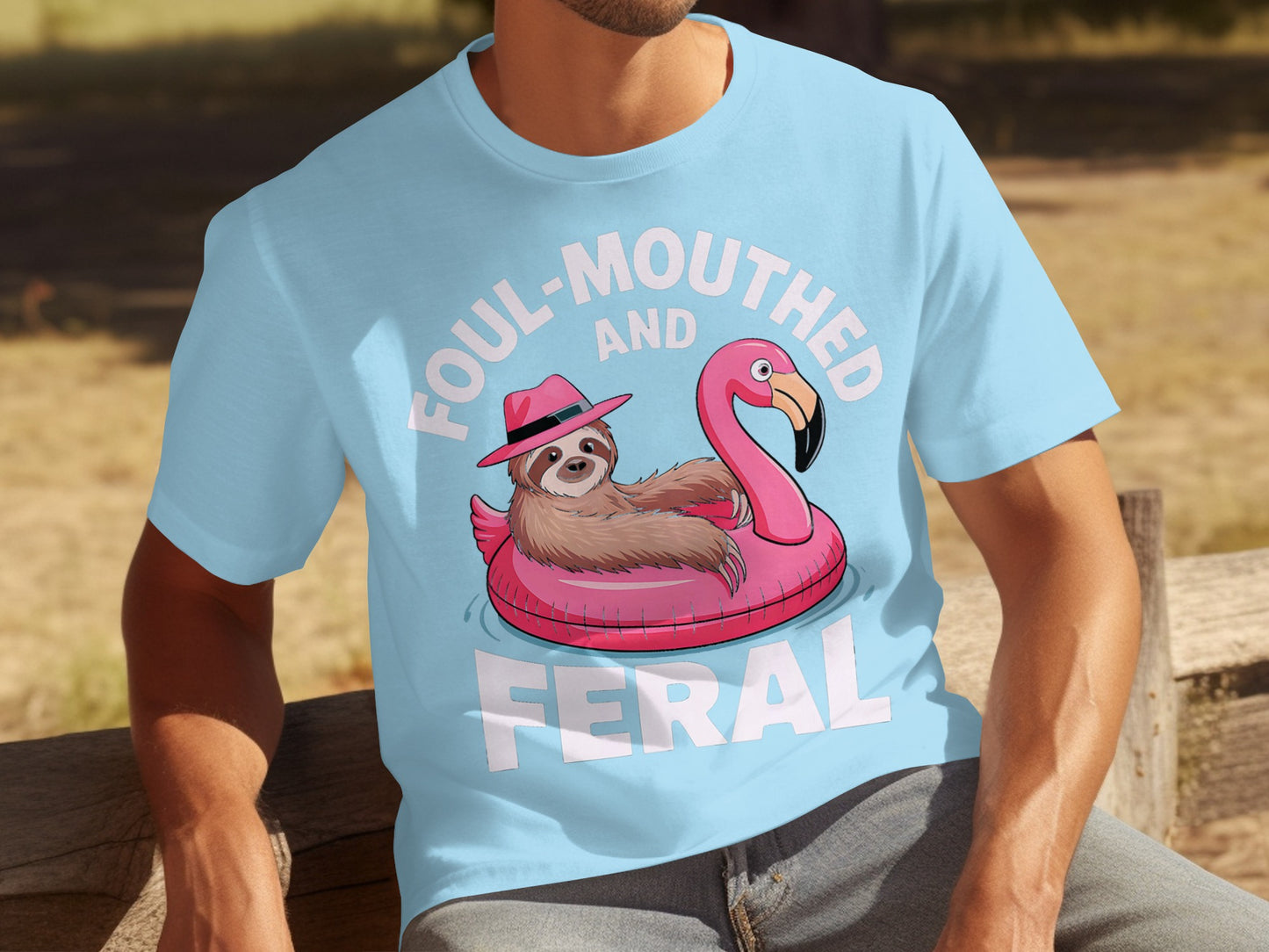 Foul-Mouthed and Feral Sloth on Flamingo T-shirt