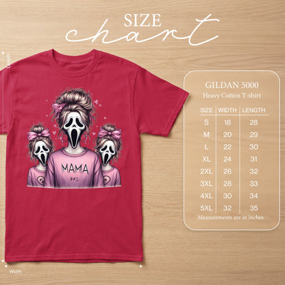 Red t-shirt with ghost-masked mother and children graphic and Gildan 5000 size chart.