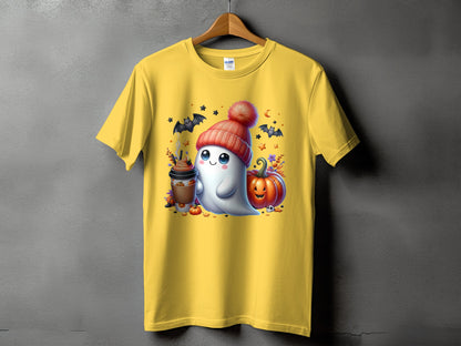 Yellow t-shirt with Halloween ghost, pumpkin, coffee cup, and bats graphic.