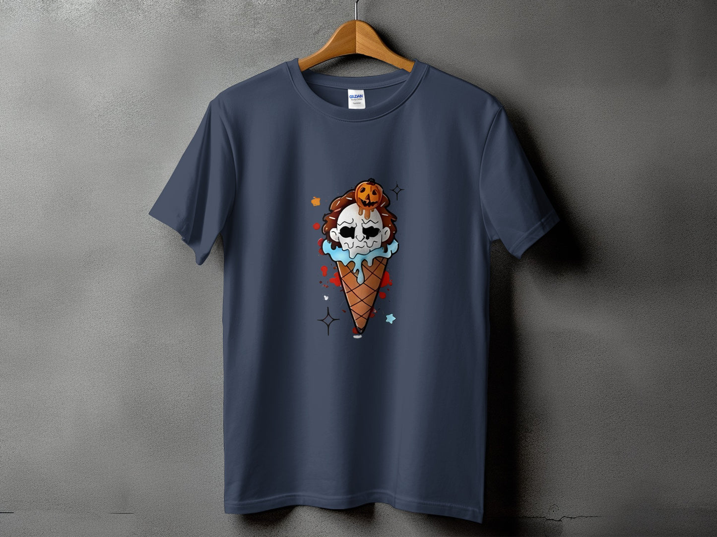 Dark blue t-shirt with a melting ice cream cone graphic featuring a skull and pumpkin.