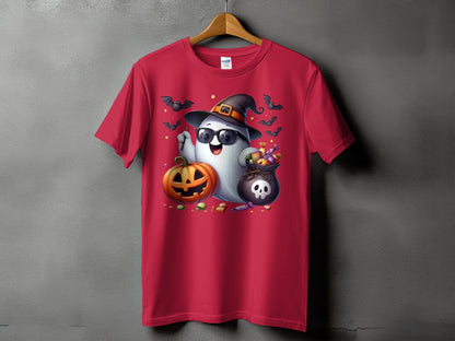 Ghost wearing sunglasses and a witch hat with a pumpkin and candy bag.