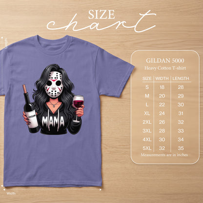 Gildan 5000 heavy cotton t-shirt with "Mama" and Jason mask graphic.
