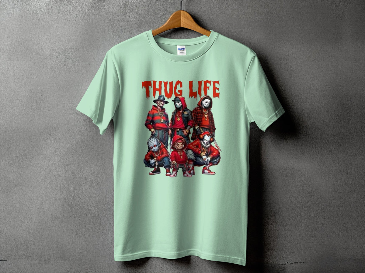Mint t-shirt with "THUG LIFE" text and horror character artwork.