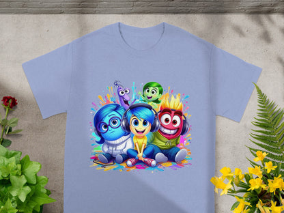 Inside Out characters Sadness, Joy, Fear, Disgust, and Anger on a light blue t-shirt.