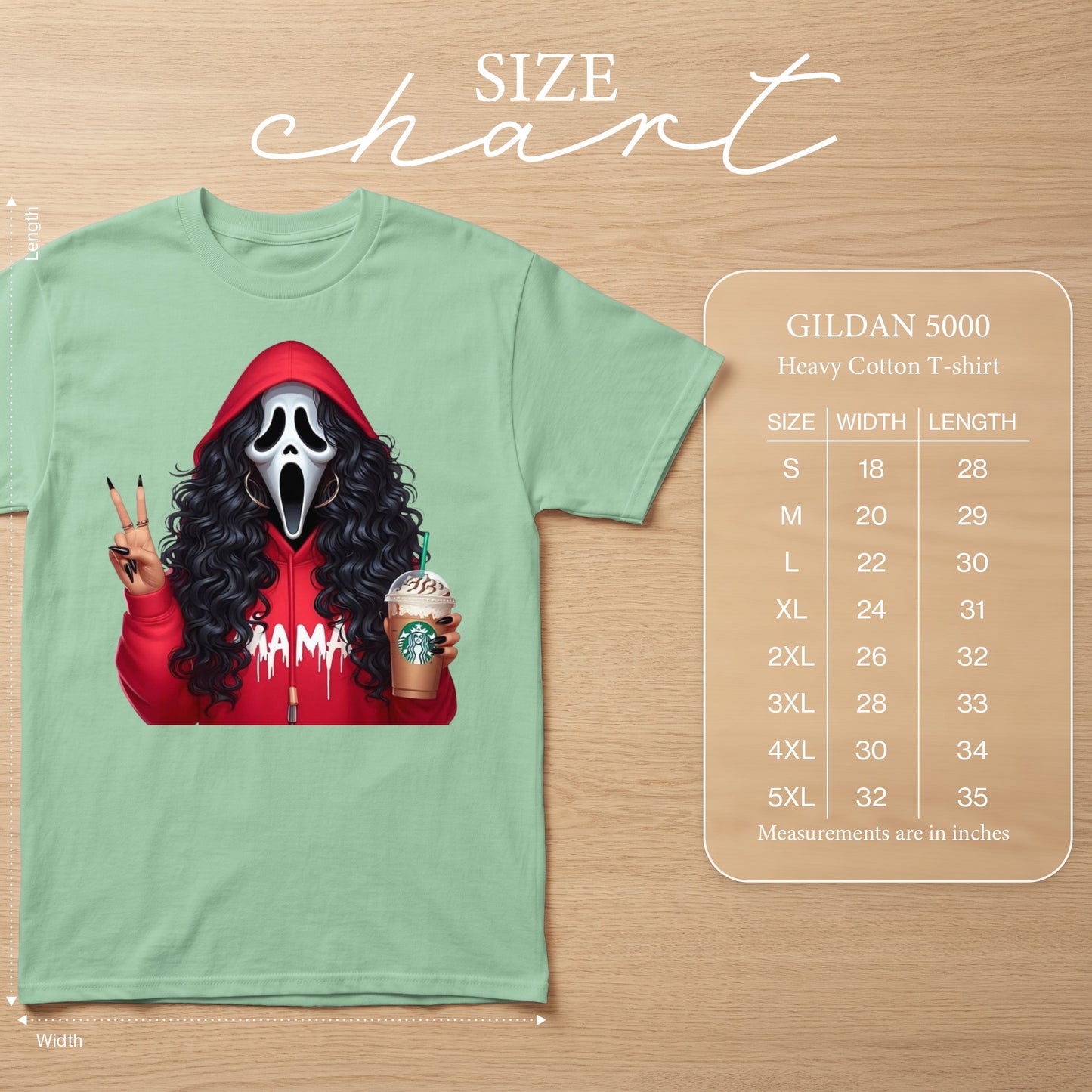 Light green t-shirt with ghost mask and "MAMA" graphic, alongside Gildan 5000 size chart.