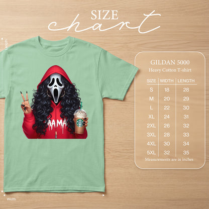 Light green t-shirt with ghost mask and "MAMA" graphic, alongside Gildan 5000 size chart.
