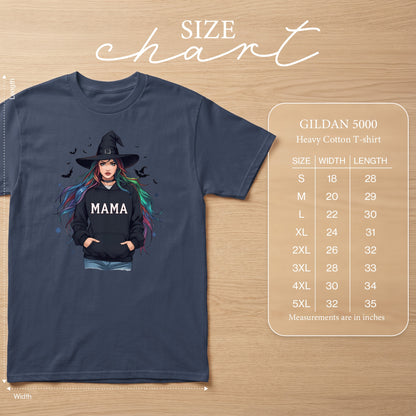 Dark navy t-shirt with graphic of a witch saying MAMA, includes size chart.