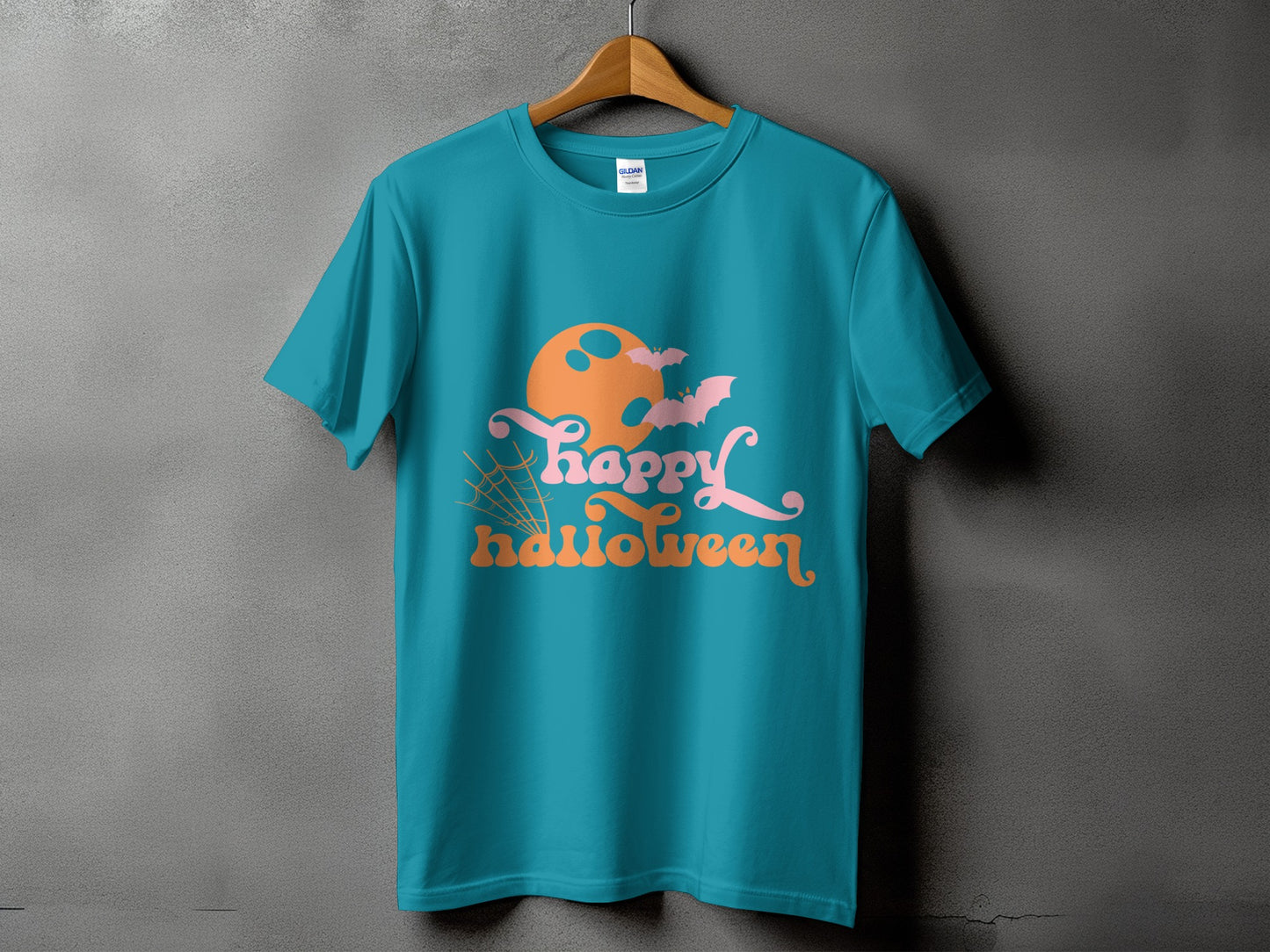 Teal t-shirt with "Happy Halloween" text, orange moon, and bats graphic.
