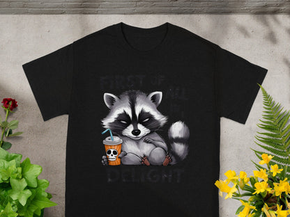 Funny Raccoon Drinking Coffee Design Graphic Tee Shirt