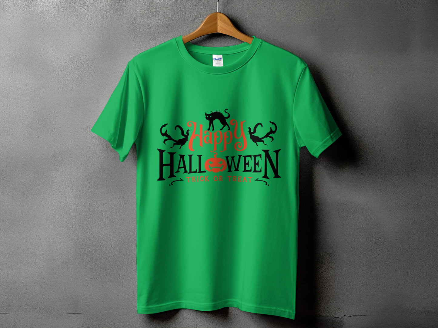 Green t-shirt with "Happy Halloween Trick or Treat" text and black cat.