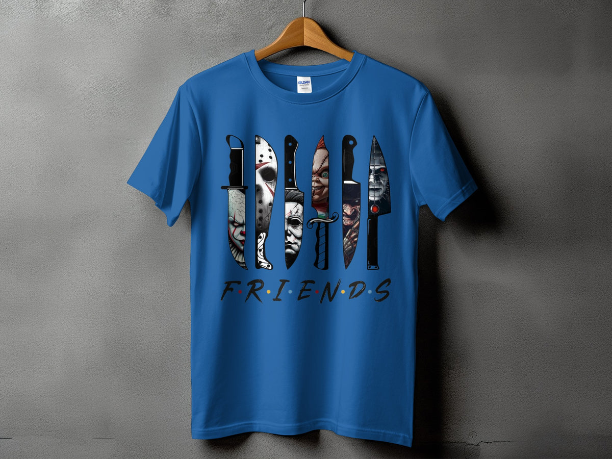 Blue t-shirt with horror movie villains and the word "FRIENDS".