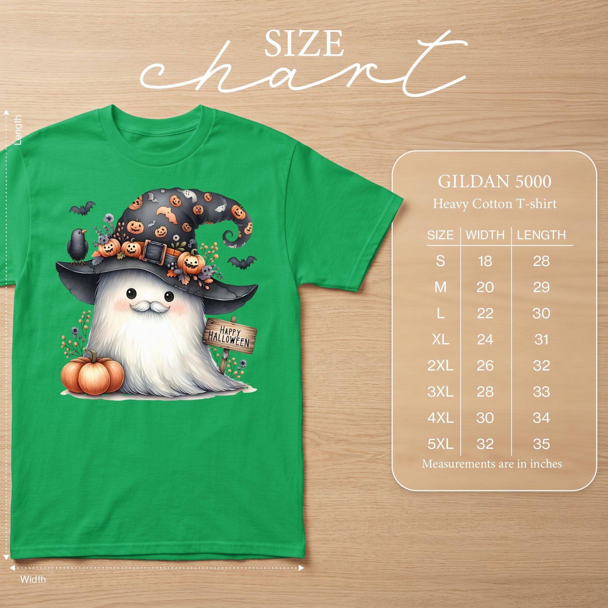 Green t-shirt with ghost wearing Halloween hat and size chart.